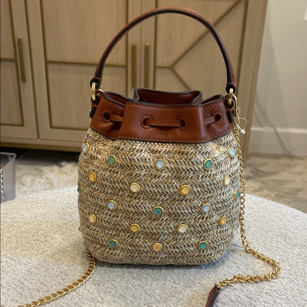 Tory Burch Straw Bucket Bag with Brown Leather and Crossbody Gold Chain - Picture 3 of 7